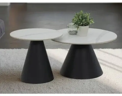 Súprava 2 okrúhlych stolíkov Dustin, 70 cm/50 cm, biela imitácia mramoru%