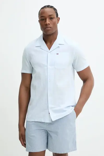 Košile s příměsí lnu Tommy Jeans pánská, modrá barva, regular, s límečkem button-down, DM0DM20895