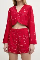 Kraťasy Never Fully Dressed Gem dámské, červená barva, s aplikací, high waist, NFDTR423