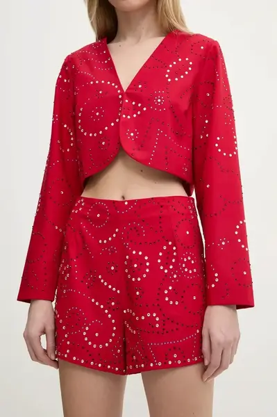 Kraťasy Never Fully Dressed Gem dámské, červená barva, s aplikací, high waist, NFDTR423