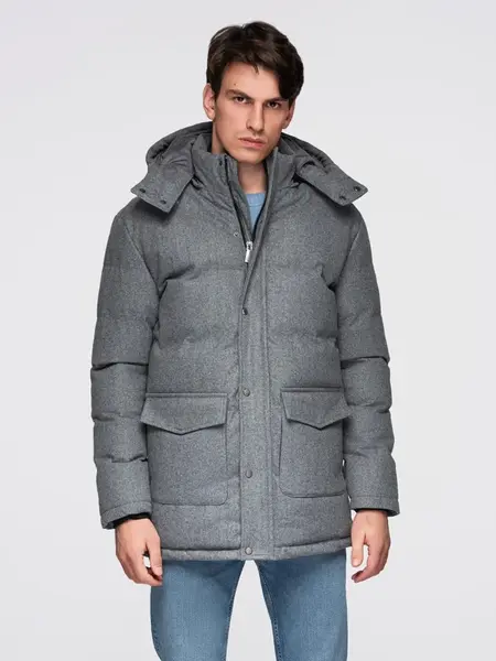 Ombre Warm long men's parka jacket with wool - grey melange