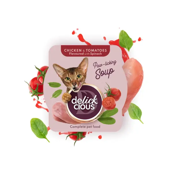 DELICKCIOUS™ slepačia polievka s paradajkami ochutená špenátom. Pre dospelé mačky 80 g (1551)