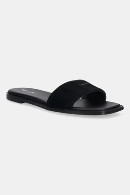 Semišové pantofle Calvin Klein FLAT SANDAL SQUARED HF SUE dámské, černá barva, HW0HW02557