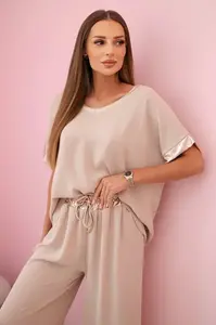 Kesi Włoski Viskózový komplet so zlatým lemovaním tmavo béžová