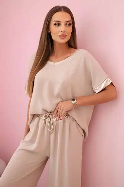 Kesi Włoski Viskózový komplet so zlatým lemovaním tmavo béžová