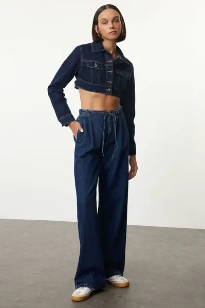 Trendyol Blue Elastic Waist High Waist Wide Leg Jeans