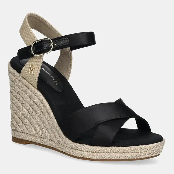 Sandály Tommy Hilfiger SATIN HIGH WEDGE ESPADRILLE černá barva, FW0FW08602