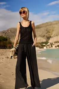Marisse Viscose Wide-Leg Trousers, Black