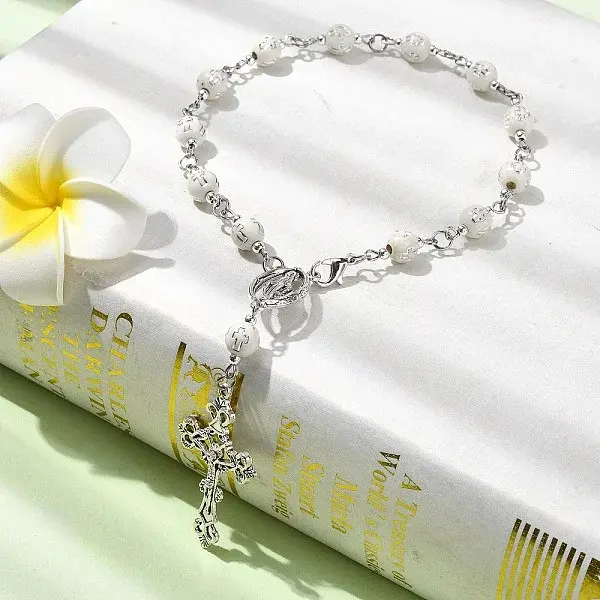 Acrylic Round with Cross Pattern Beaded Charm Bracelets for Women