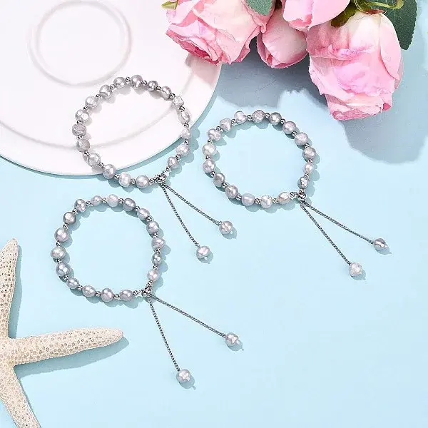 Adjustable Pearl and Brass Beaded Slider Bracelets