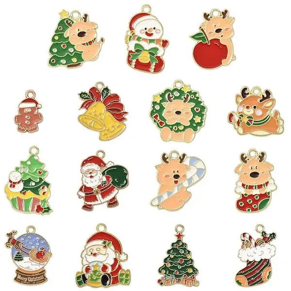 15Pcs 15 Styles Christmas Theme Alloy Enamel Pendants