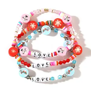 3Pcs Christmas Theme Handmade Polymer Clay & Glass Bicone Beads Stretch Bracelet Sets