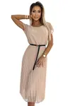 548-1 Pleated midi dress with a black belt - beige