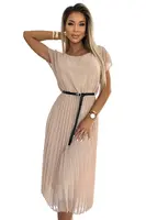 548-1 Pleated midi dress with a black belt - beige