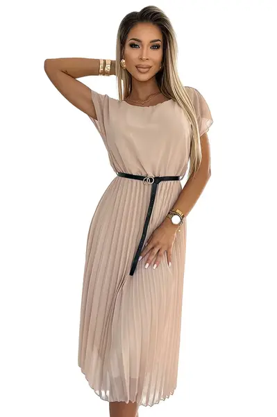 548-1 Pleated midi dress with a black belt - beige