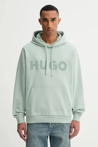 Bavlněná mikina HUGO pánská, černá barva, s kapucí, s potiskem, 50529090