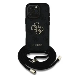 Zadní kryt Guess PU 4G Metal Logo Crossbody Popruh pro Apple iPhone 16 Pro Max, černá