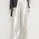 Kalhoty HUGO dámské, stříbrná barva, široké, high waist, 50516528