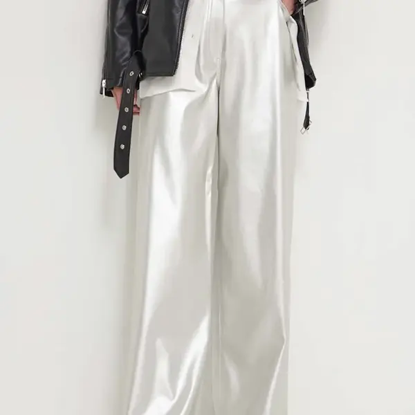 Kalhoty HUGO dámské, stříbrná barva, široké, high waist, 50516528