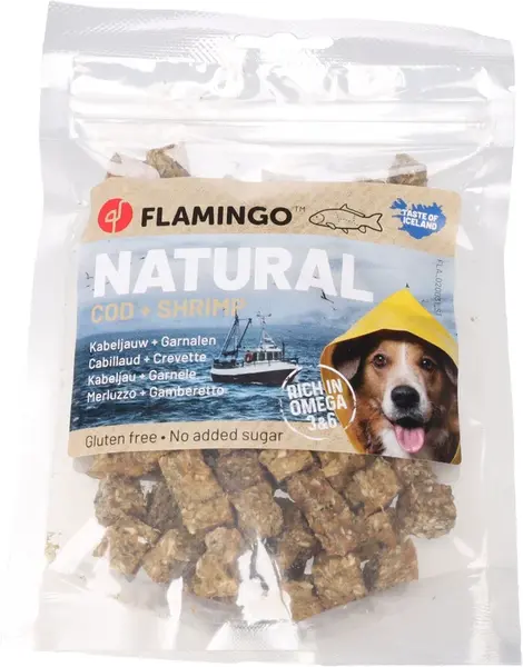Flamingo Nature Snacks kocky, maškrta pre psov - treska, krevety 75 g