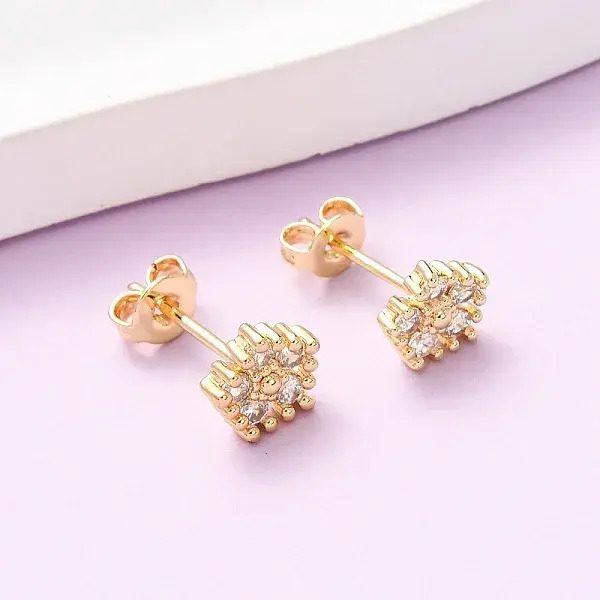 Brass Micro Pave Cubic Zirconia Flower Stud Earrings