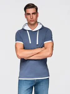 Ombre Men's hooded cotton t-shirt - dark blue melange