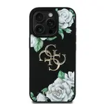 Zadní kryt Guess PU Grained Roses 4G Metal Logo pro Apple iPhone 16 Pro, černá
