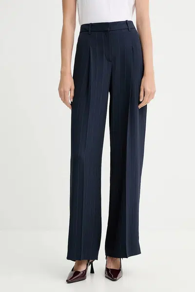 Kalhoty BOSS dámské, tmavomodrá barva, široké, high waist, 50548479