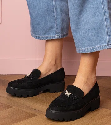 Gemre Black women's moccasins with a zirconia butterfly Mokka