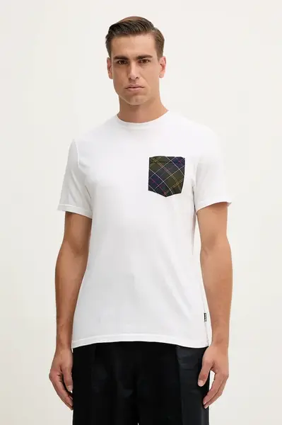 Bavlněné tričko Barbour pánské, bílá barva, s aplikací, MTS1470