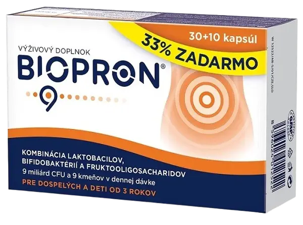BIOPRON 9 Kombinácia laktobacilov, bifidobaktérií a fruktooligosacharidov 40 tobolek