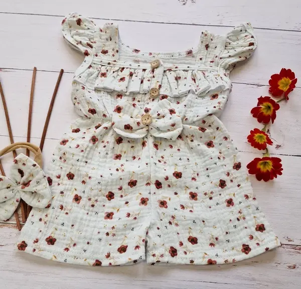 Body s nohavičkami kr. rukáv + čelenka, mušelín, 2D sada, biela, veľ. 86