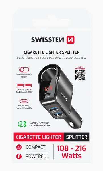 AUTOADAPTÉR SWISSTEN S VÝSTUPEM 1x CL, 1x UCB-C PD a 2x USB-A, 108W - 216W, ČERNÁ
