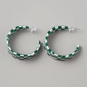 Acrylic Tartan Pattern Stud Earrings with 925 Sterling Silver Pins