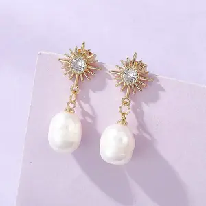 Sun Natural Cultured Freshwater Pearl Dangle Stud Earrings