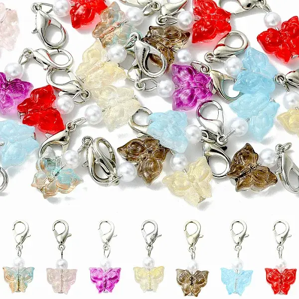20Pcs Transparent Glass & ABS Plastic Pearl Butterfly Pendant Decorations