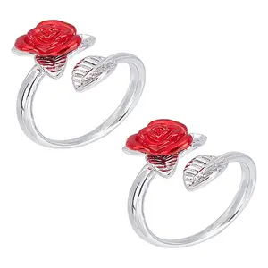 2Pcs Brass Enamel Rose Finger Ring for Women