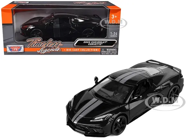 2020 Chevrolet Corvette C8 Stingray Black with Silver Stripes "Timeless Legends" Series 1/24 Diecast Model Car by Motormax