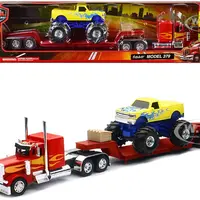 Peterbilt 379 Truck with Lowboy Trailer Red with Orange Flames and Monster Truck Yellow with Blue Flames "Long Haul Truckers" Series 1/32 Diecast Mod