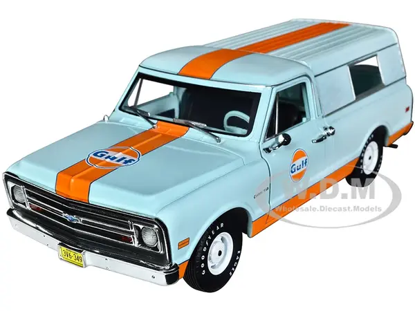 1968 Chevrolet C-10 Pickup Truck Light Blue with Orange Stripes with Camper Shell "Gulf Oil" "Running on Empty" Series 5 1/24 Diecast Model Car by Gr