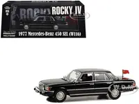 1977 Mercedes-Benz 450 SEL (W116) Black with Soviet Flag "Rocky IV" (1985) Movie 1/43 Diecast Model Car by Greenlight