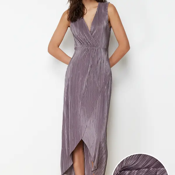 Trendyol Anthracite Pleat Midi Double Breasted Neck Knitted Maxi Dress