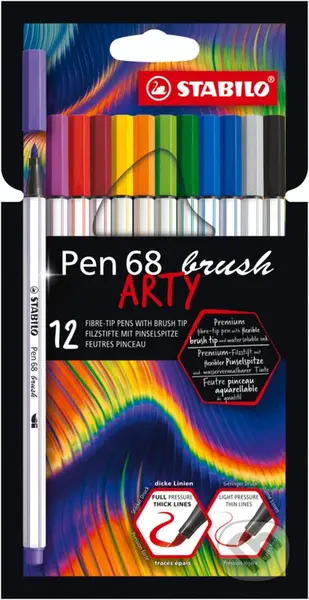 STABILO Pen 68 brush - ARTY - balenie 12 ks (Prémiový vláknový fix s hrotom štetca pre rôzne šírky čiary)