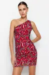 Trendyol Claret Red Floral Asymmetrical Collar Pleated Lined Mini Knitted Tulle Dress