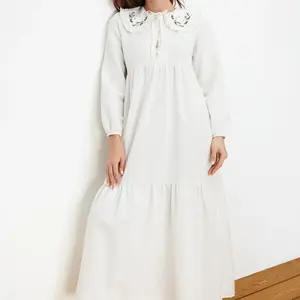 Trendyol Ecru Embroidery Detailed Linen Look Woven Dress