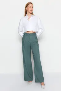 Trendyol tmavě zelené široké plisované tkané kalhoty se širokými nohavicemi
