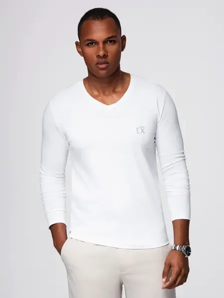 Ombre Men's V-neck SLIM FIT longsleeve with elastane and print - white