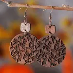 Bohemian Style Wood Flat Round with Leaf Pattern Dangle Earrings