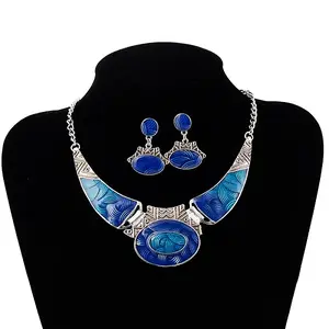 Oval Alloy Enamel Pendant Necklaces & Stud Dangle Earrings Sets