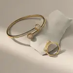 Flat Round Brass Micro Pave Clear Cubic Zirconia Cuff Bangles & Rings Sets